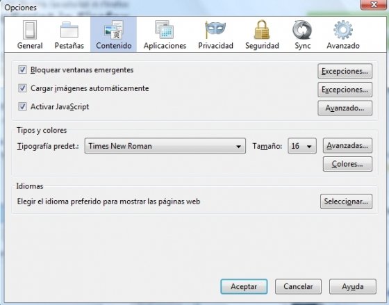 Menú de Opciones de Firefox donde desactivar JavaScript