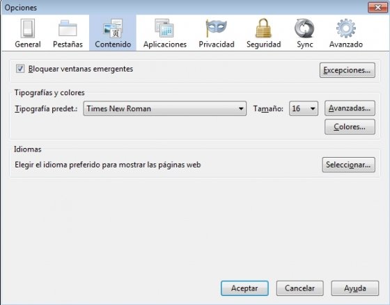 Menú de Opciones de Firefox 23 donde no es posible desactivar JavaScript
