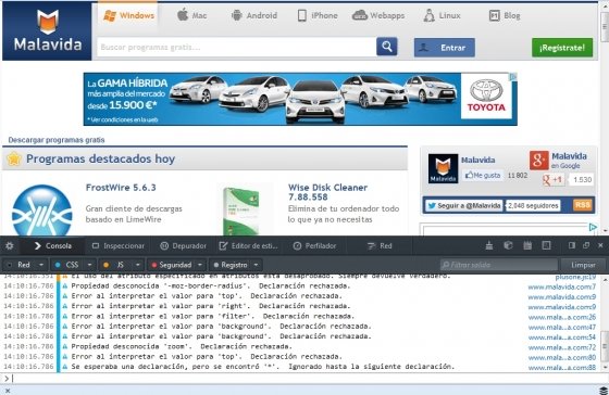 Consola web de desarrollo en Firefox en la que es posible desactivar temporalmente JavaScript