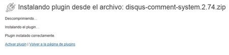 Mensaje de confirmación de la correcta instalación de Disqus en WordPress