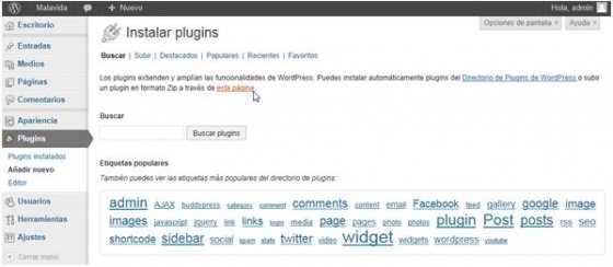 Apartado para añadir nuevos plugins en WordPress