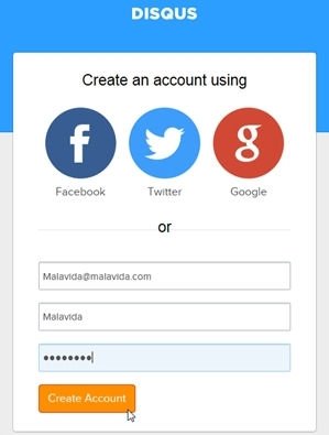 Página de registro de usuario de Disqus