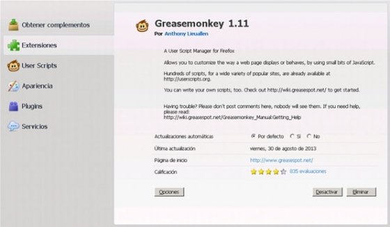Greasemonkey en el panel de administración de extensiones de Firefox