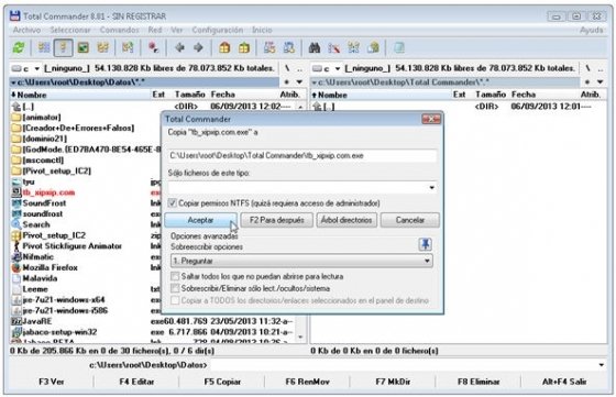 Total Commander copiando un archivo a otro directorio