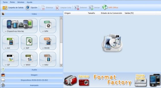 Menú de conversión de archivos de Format Factory