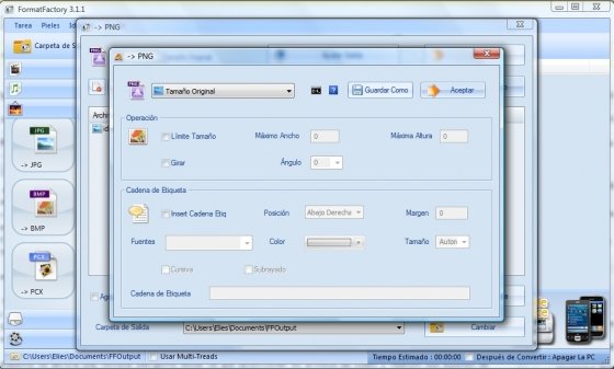 Menú de características configurables de una imagen en Format Factory