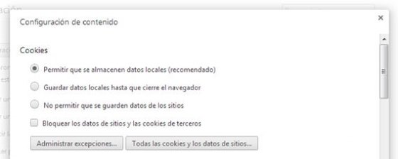 Opción para activar cookies en Chrome
