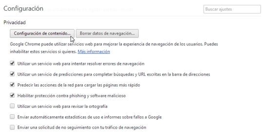 Acceso hasta la configuración de contenido de Chrome