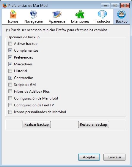 Panel de control de Mar Mod con las opciones deseadas marcadas