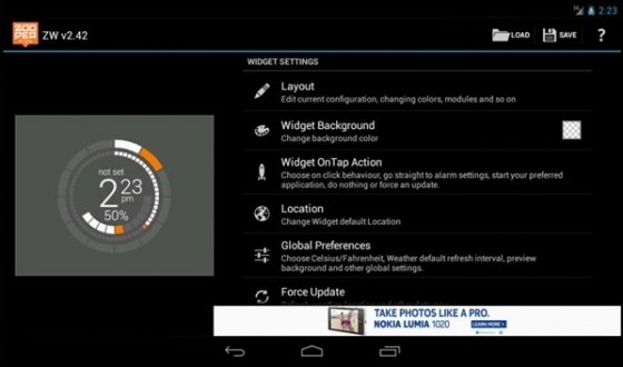 Menú de configuración interna de un widget