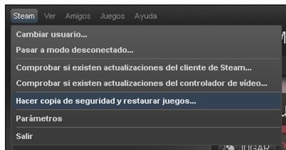 Menú Steam de acceso a la función de copia de seguridad