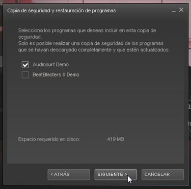Selección del juego al que realizar la copia de seguridad