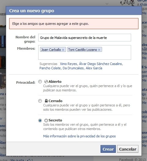 Invitación de contactos de Facebook