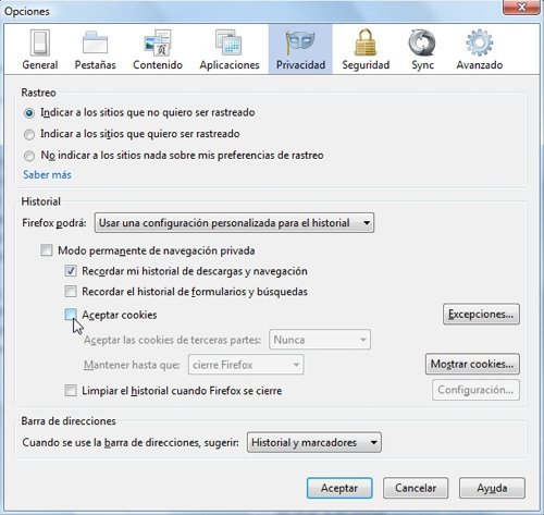 Desactivar cookies en Firefox