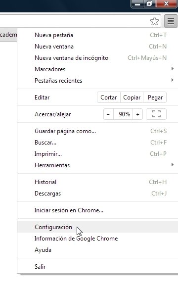 Menú de configuración de Google Chrome