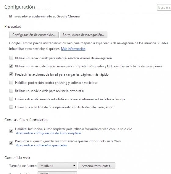 Opciones avanzadas en el menú de configuración de Google Chrome