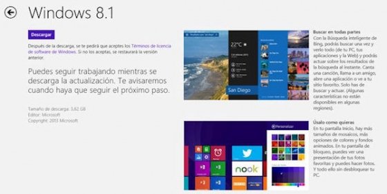 Ventana para descargar Windows 8.1 en Windows Store