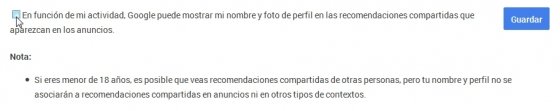 Pestaña para inhabilitar la publicidad social de Google.