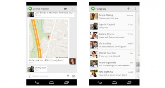 Captura de pantalla de la nueva localización de Hangouts y de la nueva integración de SMS