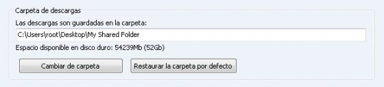 Configuración de destino de descargas en Ares