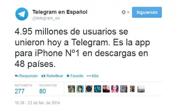 Tweet de Telegram anunciando el número de nuevos usuarios