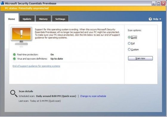 Microsoft Security Essentials avisa a los usuarios de Windows XP