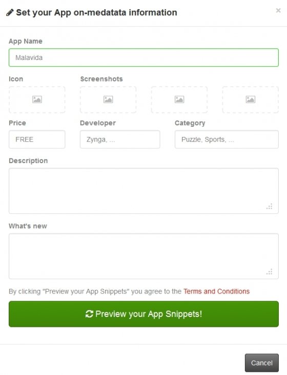 Proceso guiado de AppSnippetPreview