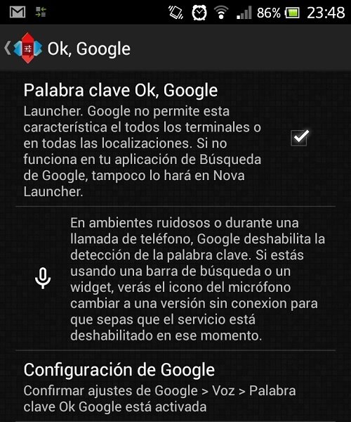 Activación de OK Google en Nova Launcher