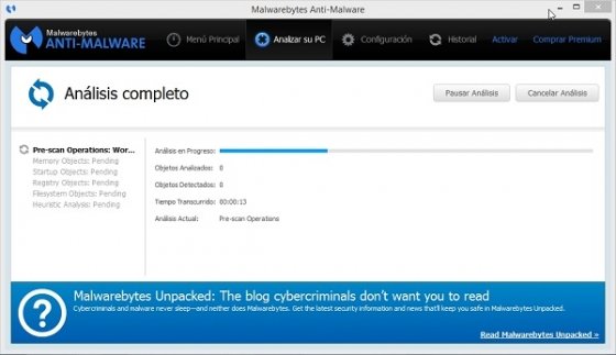 Interfaz de Malwarebytes Anti-Malware