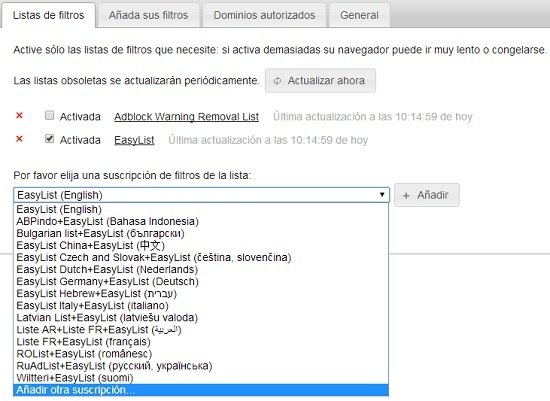 Añadir otra suscripción a Adblock Plus