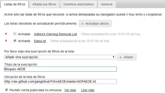 Insertar el nombre y la ubicación de la lista de filtros