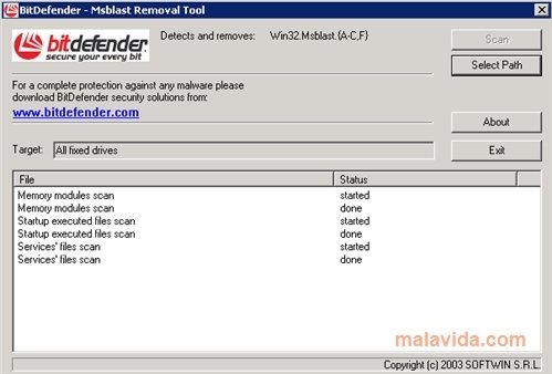 BitDefender Msblast.F  Desinfecci�n Ingl�s