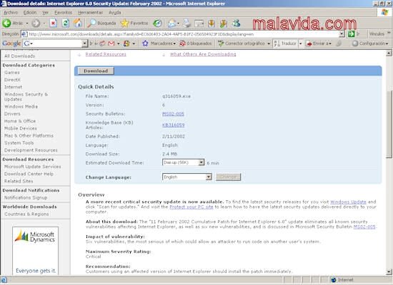 Internet Explorer 6 Security Update  Agosto 2002 Espa�ol