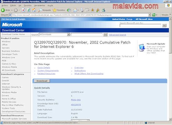 Internet Explorer 6 Security Update  Noviembre 2002 (Q328970) Espa�ol