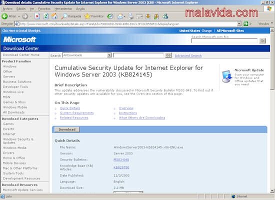 Internet Explorer 6 Security Update  Octubre 2003 (KB828750) Espa�ol