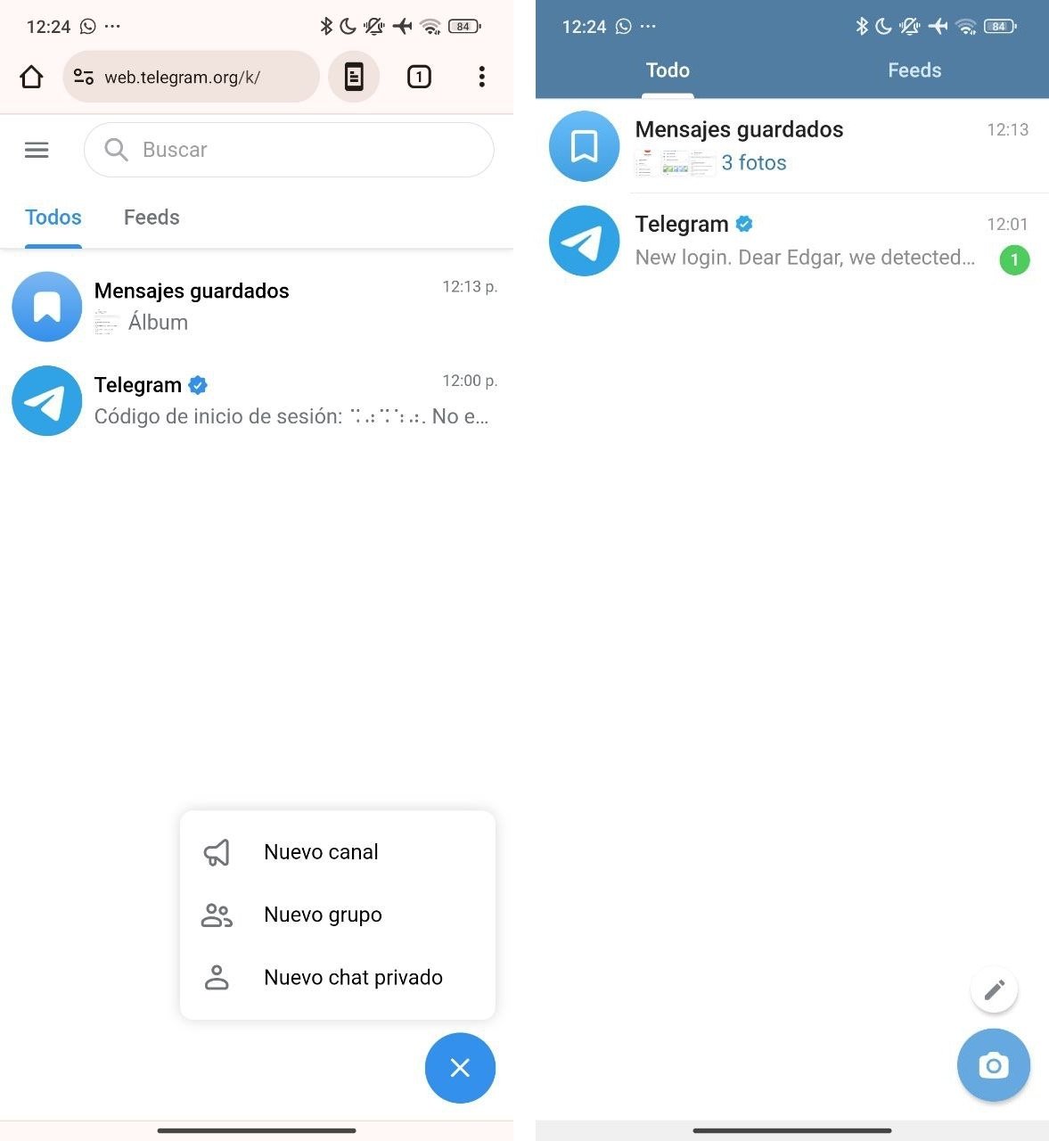 A la izquierda, Telegram Web. A la derecha, la app de Telegram para Android. Son muy similares