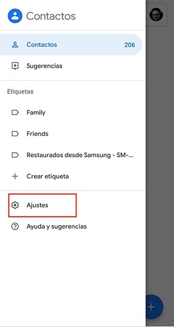 Acceso a los ajustes de los contactos de Google