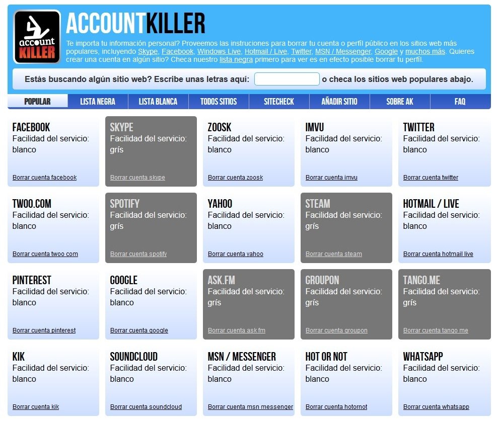 Account Killer es un recopilador de webs para darse de baja