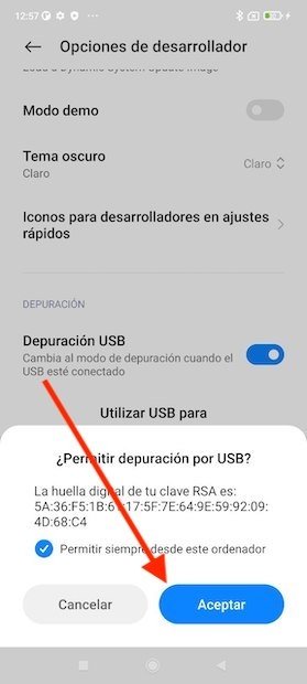 Aceptar la conexión mediante depuración USB