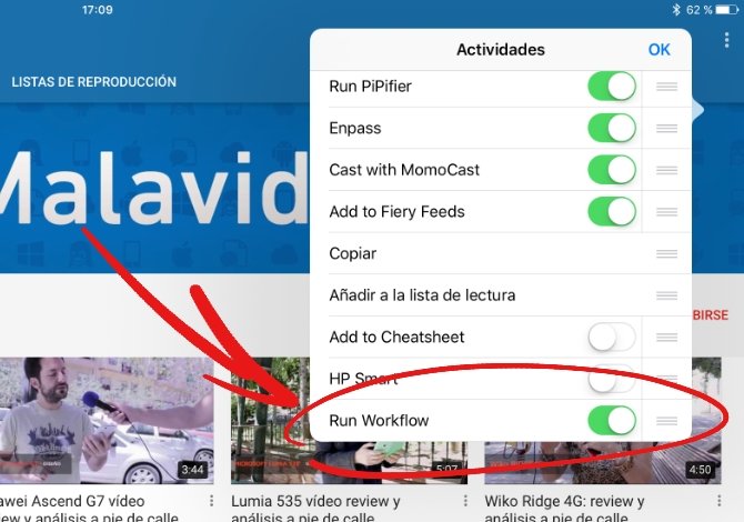Activando Workflow en el menú de compartir de iOS