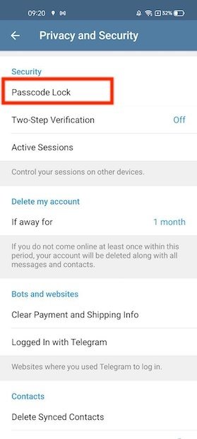 Activar bloqueo en Telegram