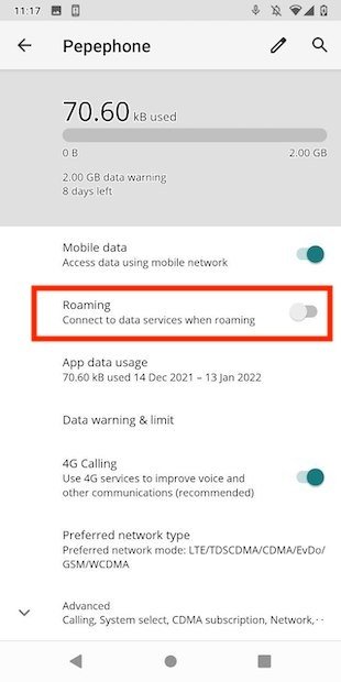 Activar el roaming en Android
