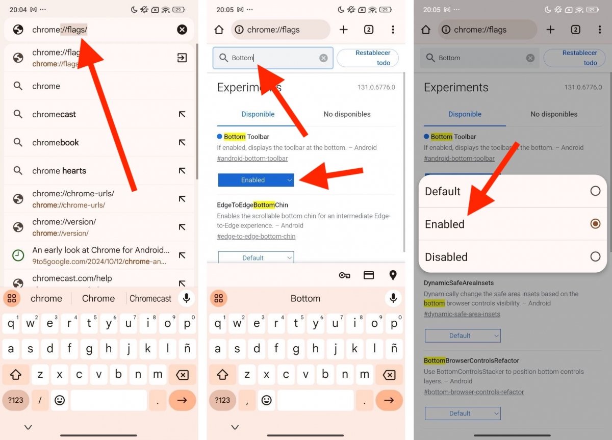 Activar la bandera para habilitar la barra inferior en Chrome