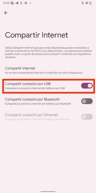 Activar la compartición de Internet mediante USB