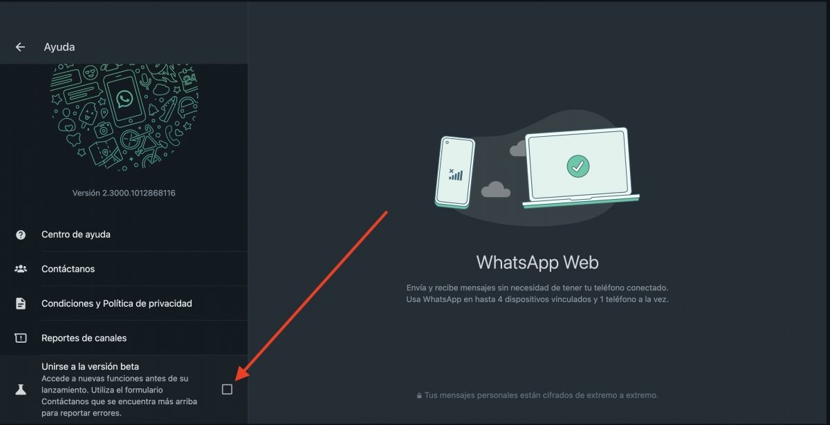 Activar la versión beta de WhatsApp desde los ajustes, en el apartado de Ayuda