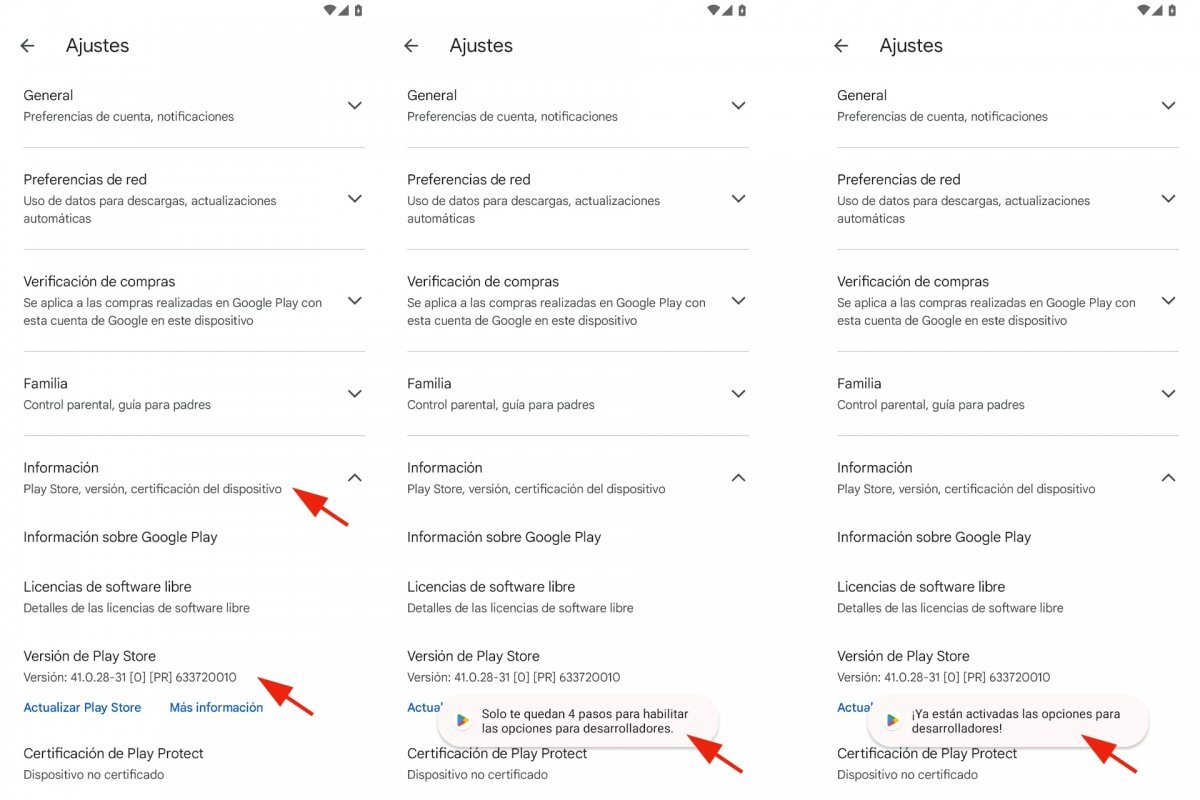 Activar las opciones de desarrollador de Google Play