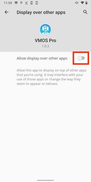 Activar permiso para mostrarse sobre otras apps en VMOS