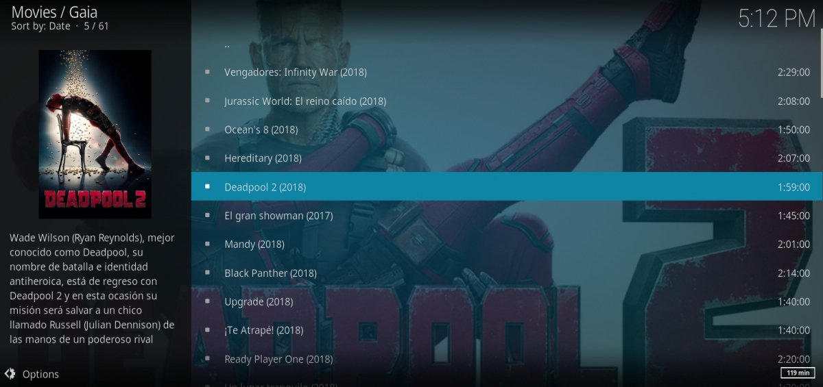 Addon Gaia instalado en Kodi para Android