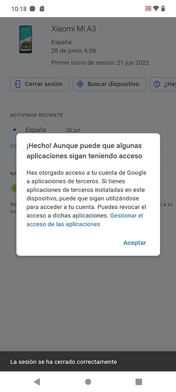 Advertencia sobre apps de terceros al eliminar un dispositivo el acceso a la cuenta de Google