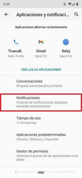 Ajustes de aplicaciones y notificaciones de Android
